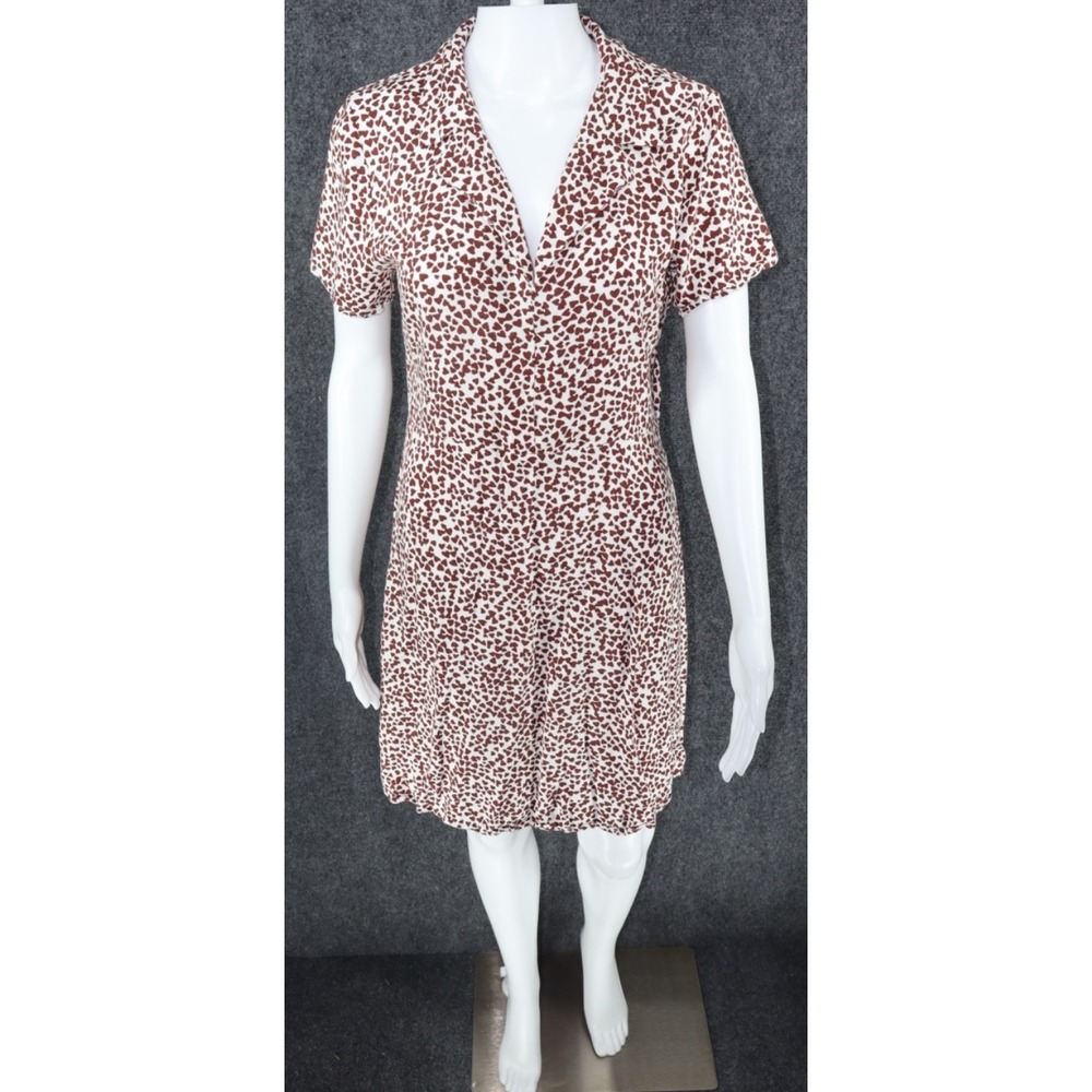 ICHI Mini Dress Women 40 Beige‎ Maroon Heart Print V Neck Collared Short Sleeve